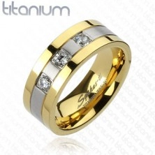 Prstan iz titana - zlate in srebrne barve, trije cirkoni