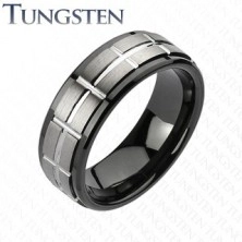 Brušen prstan iz volframa v črni in srebrni barvi