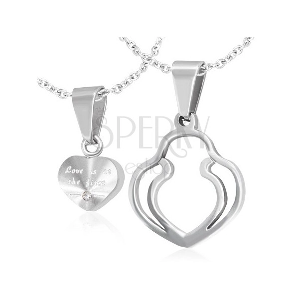 Obeska za par - majhno srce in srce iz dveh linij v srebrni barvi
