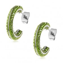 Okrogli jekleni uhani - majhni zeleni cirkoni, sijoče srebrne linije