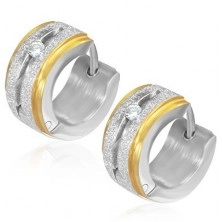 Round sandblasted earrings made of steel with zircon, golden edges