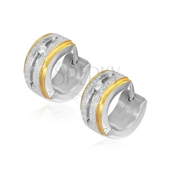 Round sandblasted earrings made of steel with zircon, golden edges