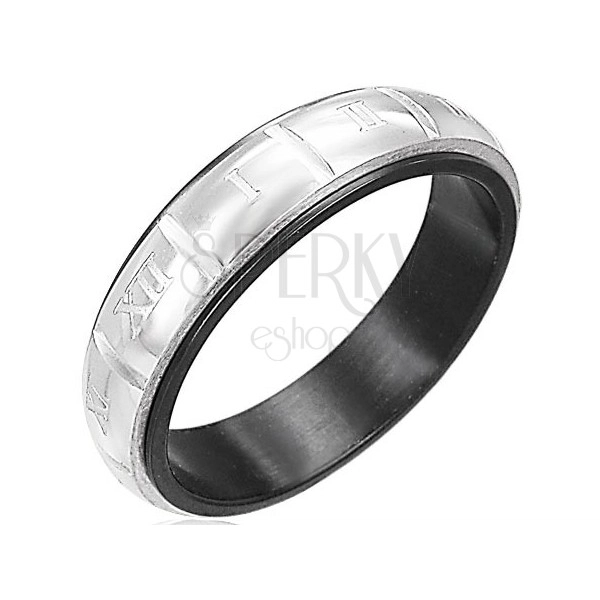 Jeklen prstan - rimske številke, srebrno-črne barve