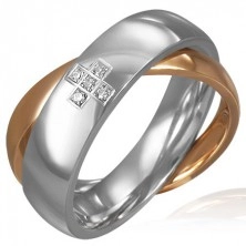 Jeklen prekrižan prstan - križ iz kamenčkov, srebrn in zlat