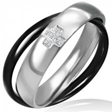 Dvojen prstan iz jekla - črn in srebrn, križ