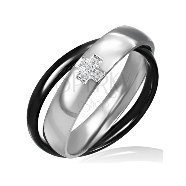 Dvojen prstan iz jekla - črn in srebrn, križ