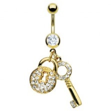 Uhan za popek zlate barve - ključ in ključavnica s kristalčki