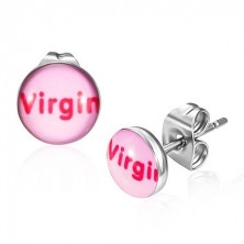Uhani iz nerjavečega jekla - rožnata barva z napisom ''Virgin''