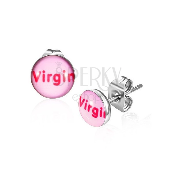 Uhani iz nerjavečega jekla - rožnata barva z napisom ''Virgin''