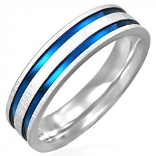 Mat jeklen prstan z dvema modro-vijoličastima črtama