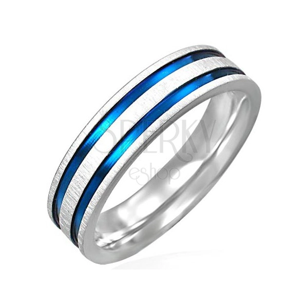 Mat jeklen prstan z dvema modro-vijoličastima črtama