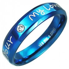 Jeklen prstan - modra barva, ljubezenski napis