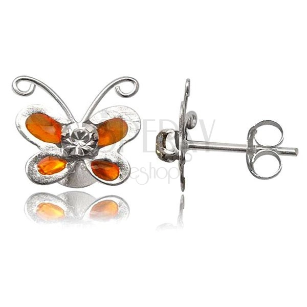 Uhani iz srebra sterling - oranžen metulj s prozornim kamenčkom