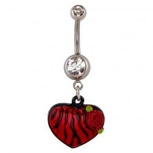 Uhan za popek - srce z zebrastim vzorcem rdeče in črne barve, vrtnica
