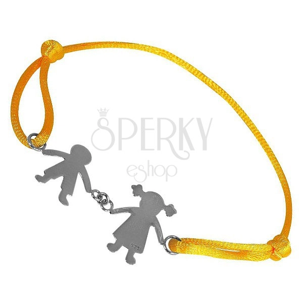 Srebrna zapestnica - deček in deklica držečih se rok na rumeni vrvici