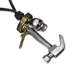 Usnjena ogrlica - kladivo, lobanja, križ in obroči