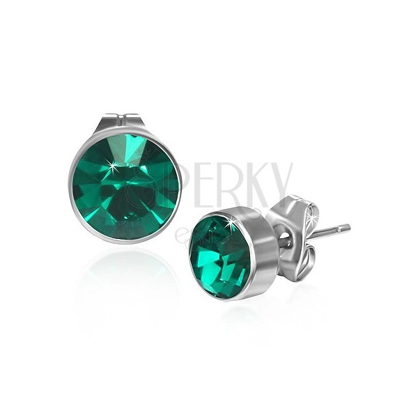 Okrogli uhani iz jekla - smaragdno zeleni okrasni kamen