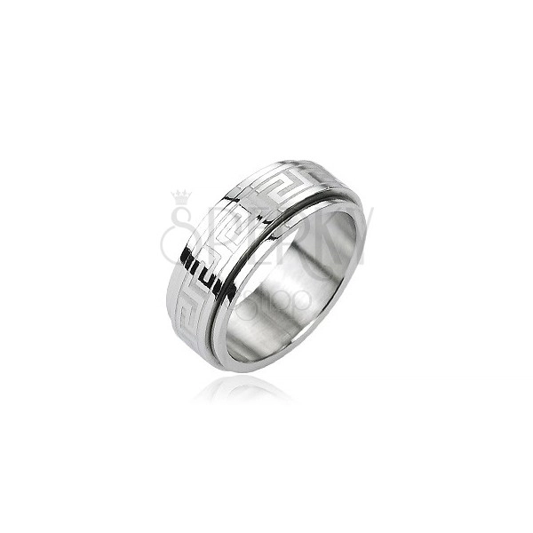 Jeklen prstan - vrtljiv srednji del, grški ključ, srebrna barva