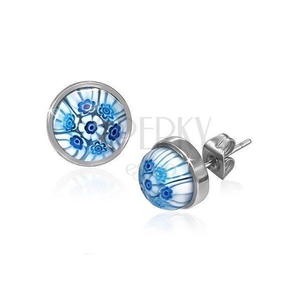 Jekleni vtični uhani z modro belimi steklenimi cvetlicami
