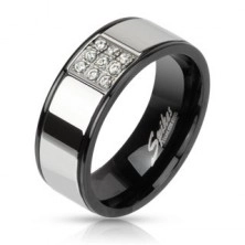 Jeklen prstan - srebrne barve s črnimi linijami, kvadrat iz kamenčkov