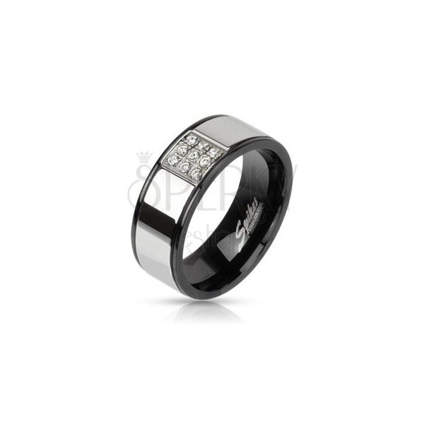 Jeklen prstan - srebrne barve s črnimi linijami, kvadrat iz kamenčkov