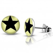 Jekleni uhani – svetlo rumeni krogi s črno zvezdo, čepki