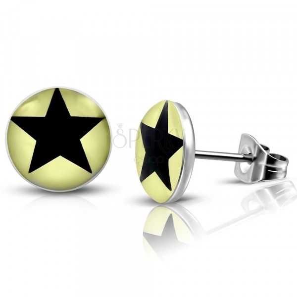 Jekleni uhani – svetlo rumeni krogi s črno zvezdo, čepki