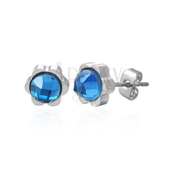 Jekleni uhani v obliki cveta z velikim brušenim cirkonom modre barve