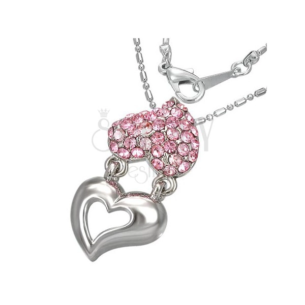 Ogrlica - objeta kovinsko in cirkonasto srce, roza cirkoni