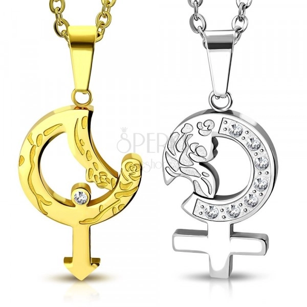 Jeklen obesek za par - zlat in srebrn simbol za moškega oziroma žensko z vrtnico