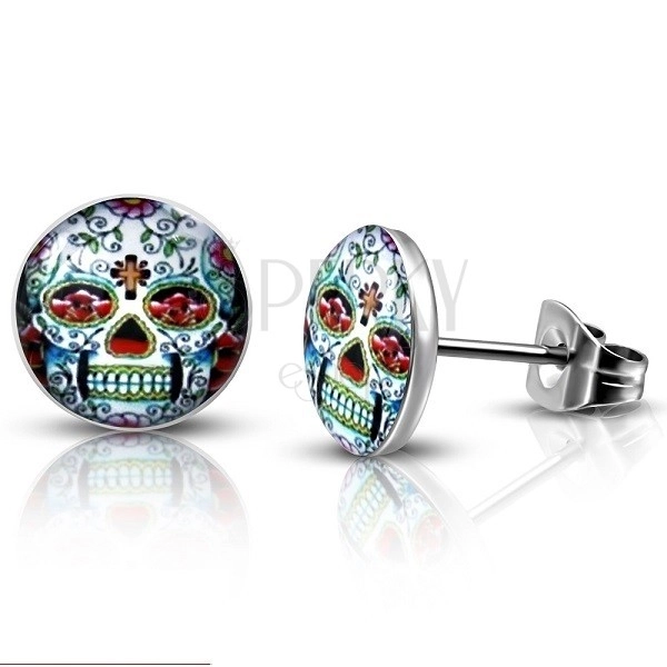 Surgical steel earrings with skull and flowers