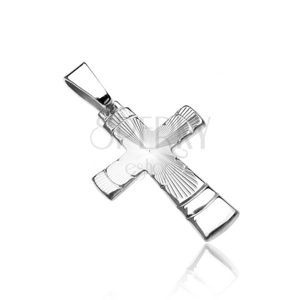 Srebrn obesek - križ s stožčastimi narebrenimi zarezami in loki