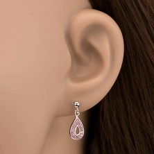 Srebrni uhani - viseča solza z roza kamenčki