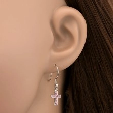 Srebrni viseči uhani - križ z roza kamenčki