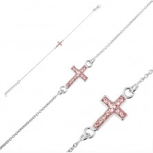 Srebrna zapestnica, čistina 925 - križ z roza cirkoni