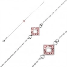 Srebrna zapestnica - verižica s kvadratom in roza cirkoni