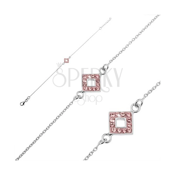 Srebrna zapestnica - verižica s kvadratom in roza cirkoni
