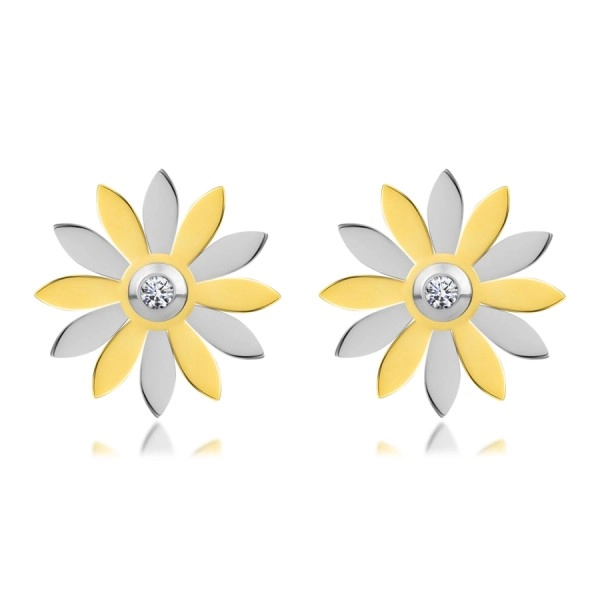 Jekleni uhani – cvet z zlatimi in srebrnimi cvetnimi lističi in cirkon