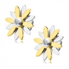 Jekleni uhani – cvet z zlatimi in srebrnimi cvetnimi lističi in cirkon