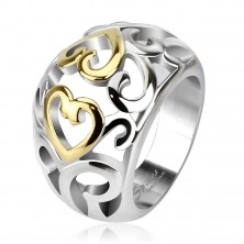 Jeklen prstan z izrezanim ornamentom, zlat in srebrn