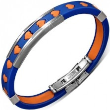 Zapestnica iz gume - modra z oranžnimi srci in kovinskimi okraski