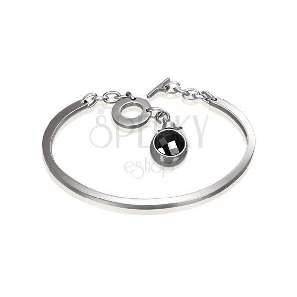 Jeklena zapestnica srebrne barve, nepopoln oval z visečim črnim cirkonom