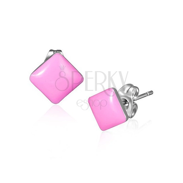 Uhani iz jekla - sijoči kvadratni vtični uhani rožnate barve