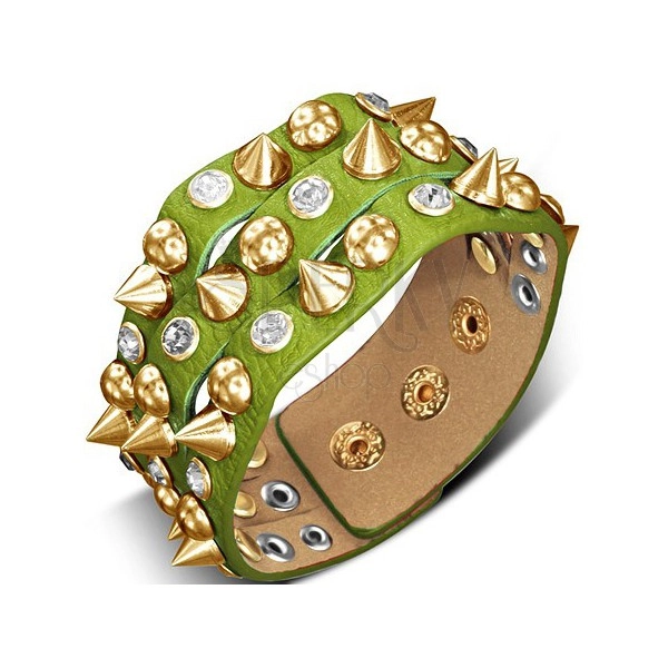Zapestnica iz usnja - zelena s konicami, polkroglami in kamenčkom