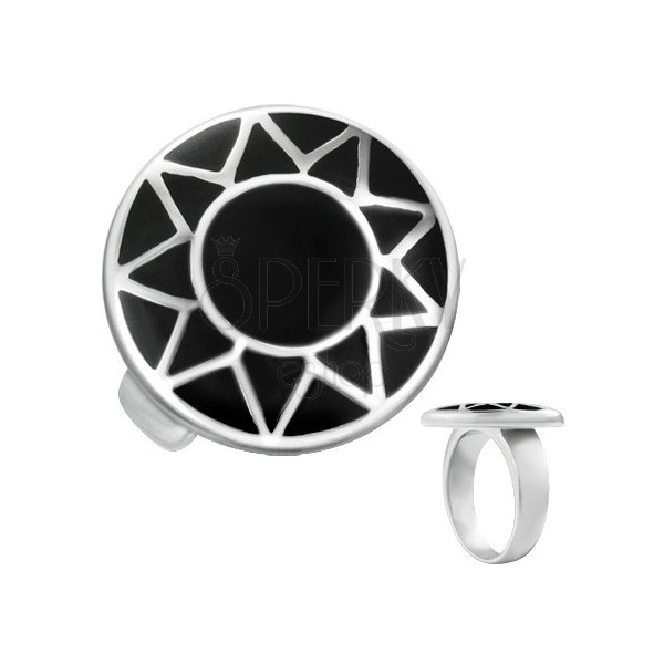 Jeklen prstan s srebrnim obrisom sonca in črnim krogom