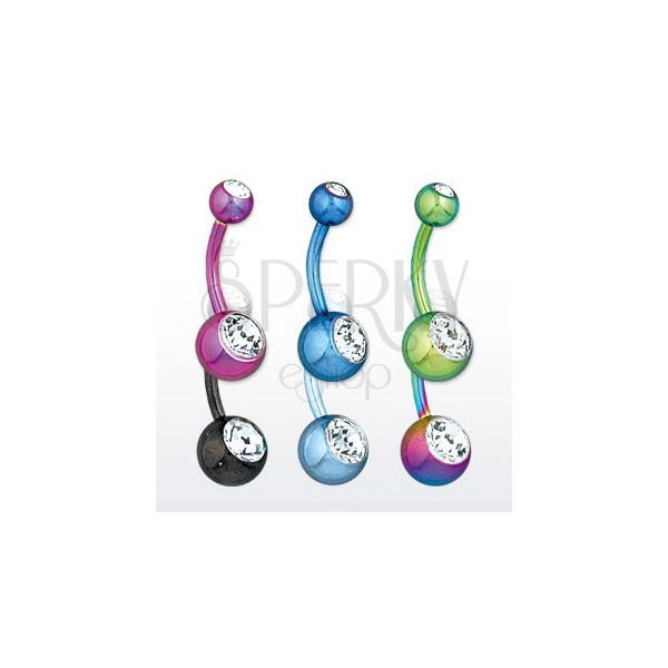 Jeklen piercing za popek – kroglici z lesketavima cirkonoma, različne barve, dolžina 11 mm
