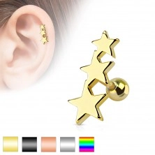 Jeklen piercing za tragus – tri povezane zvezdice, kroglica, različne barve