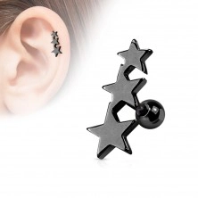 Jeklen piercing za tragus – tri povezane zvezdice, kroglica, različne barve