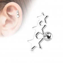 Jeklen piercing za tragus – tri povezane zvezdice, kroglica, različne barve